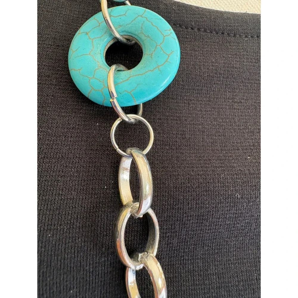 Silver Tone Long Turquoise Faux Stone Chain Necklace and Drop Earring‎ Set Boho